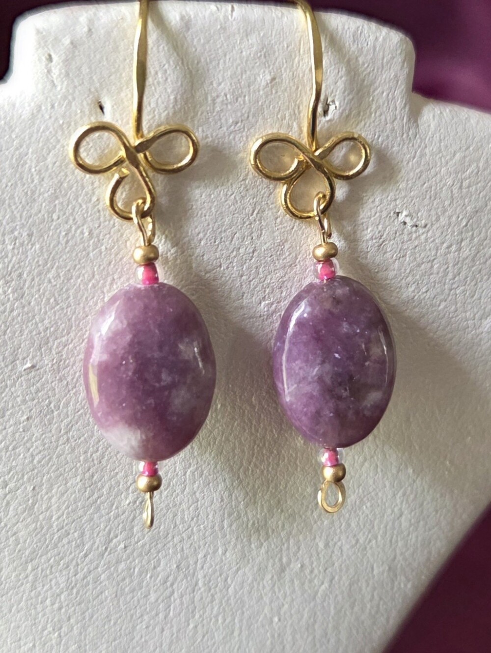 Brass Earrings With Lepidolite And Czeck Glass Beads.